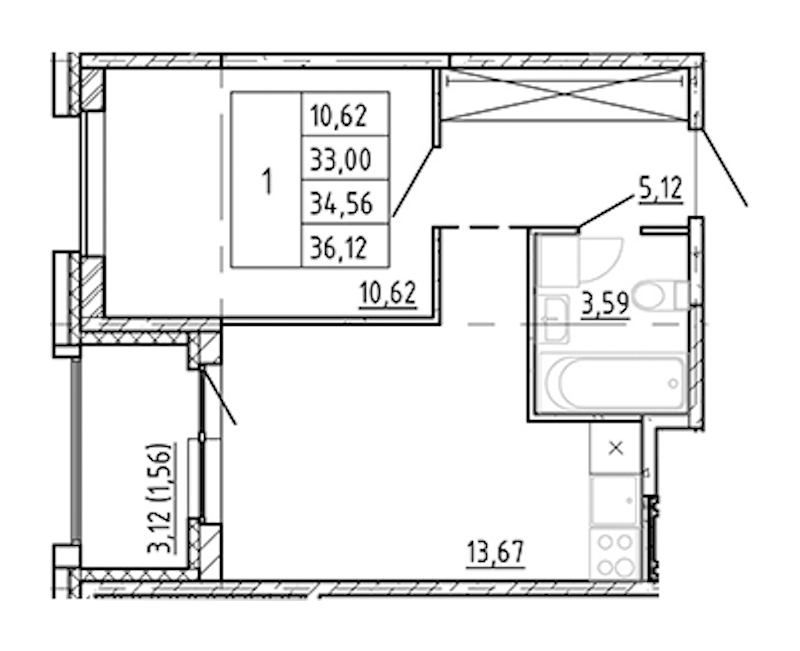 1-комнатная квартира 33 м², 7/12 эт., ЖК «Полис Новоселье»